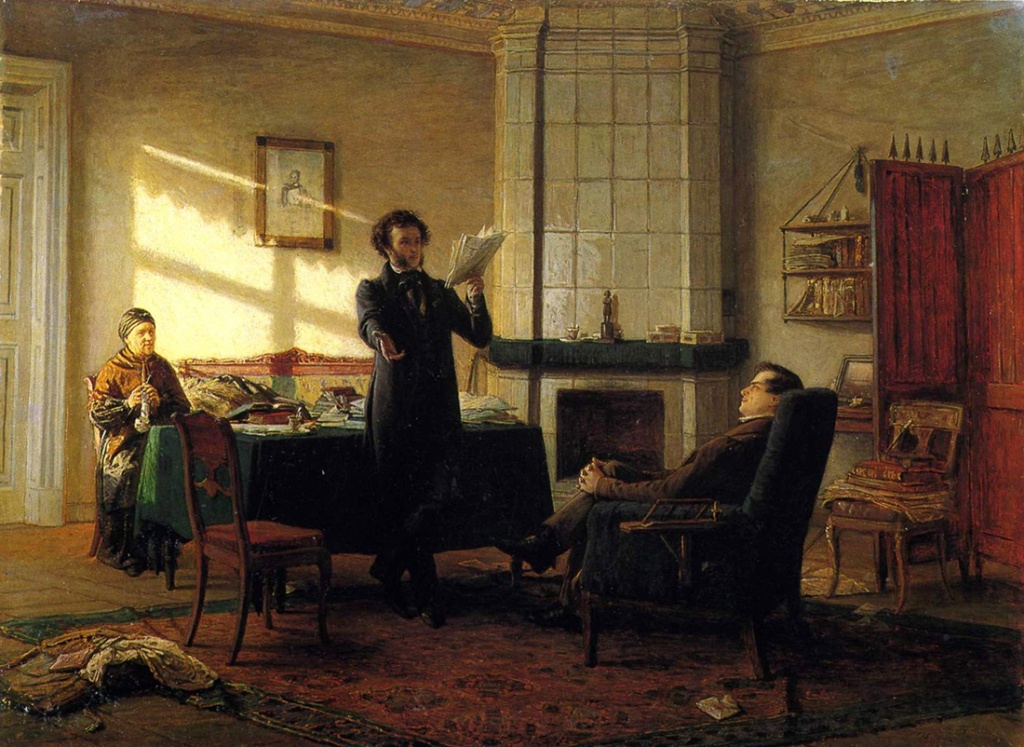 А.С. Пушкин в Михайловском читает свое новое произведение И.И. Пущину. С картины Н.Н. Ге. 1875 г. .jpg
